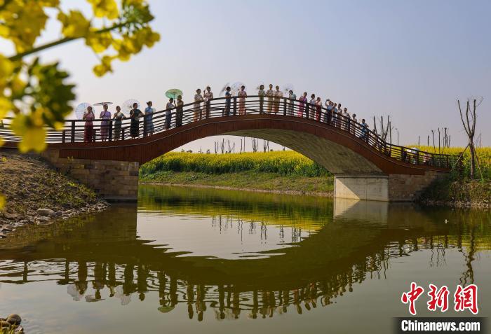 四川一高校老师油菜花海秀旗袍。　天府新区航空旅游职业学院供图